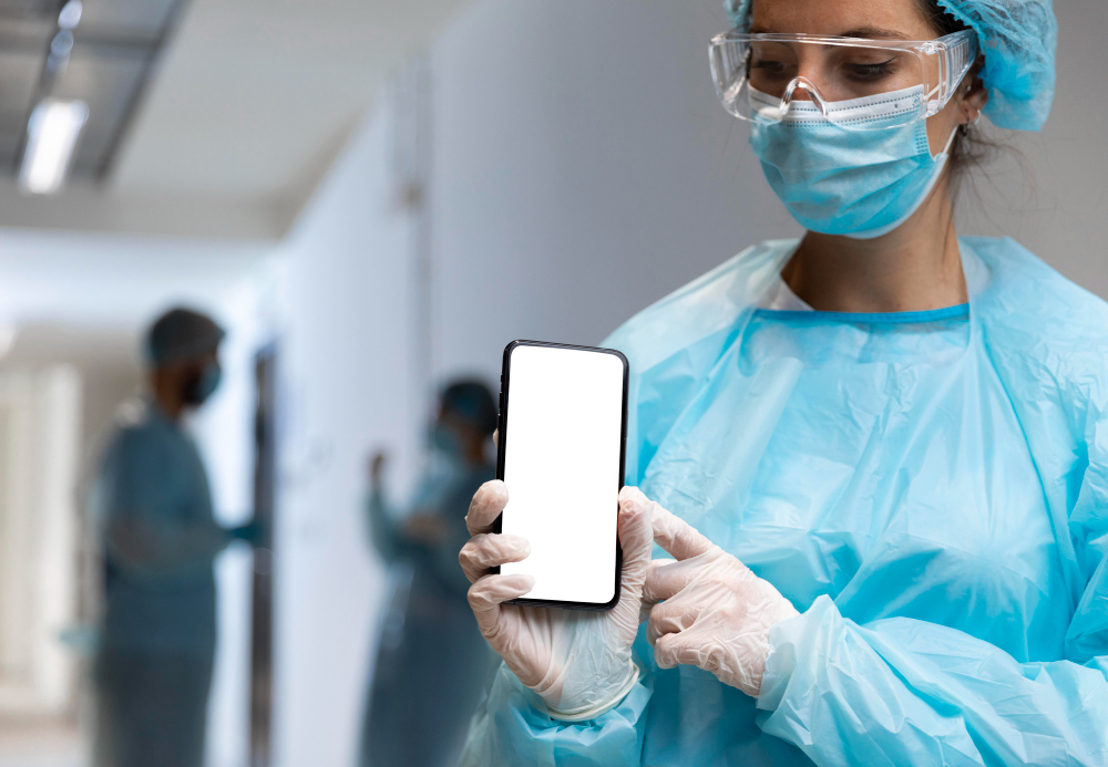 Healthcare provider using Medi-EHR Practice EHR Go Mobile App to review patient chart