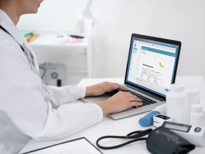 Healthcare provider comparing EHR systems online to choose the right software for their practice.