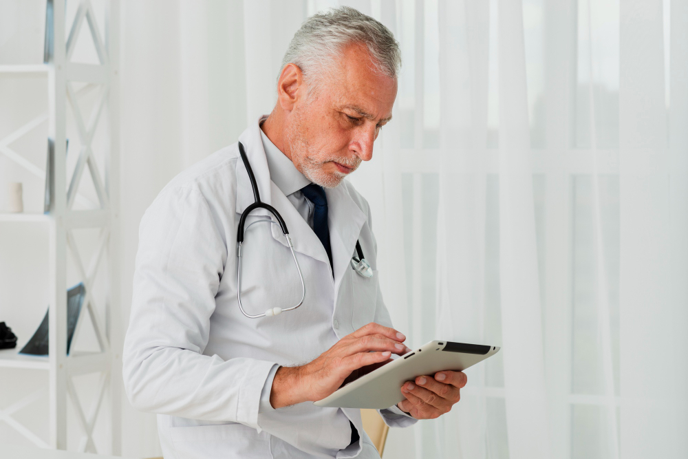 Doctor using Medi-EHR software to send an electronic prescription to a pharmacy.