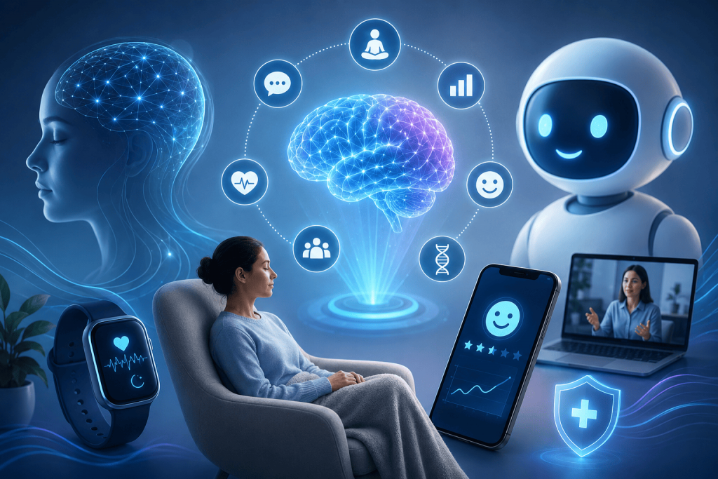 AI-powered behavioral health care illustration featuring teletherapy, mood tracking, wearable health technology, virtual mental health support, and a holographic brain