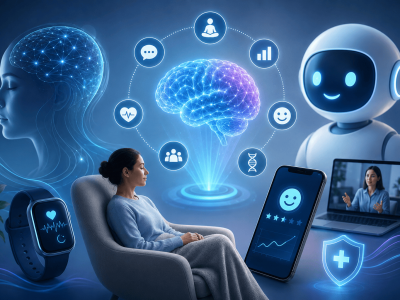 AI-powered behavioral health care illustration featuring teletherapy, mood tracking, wearable health technology, virtual mental health support, and a holographic brain