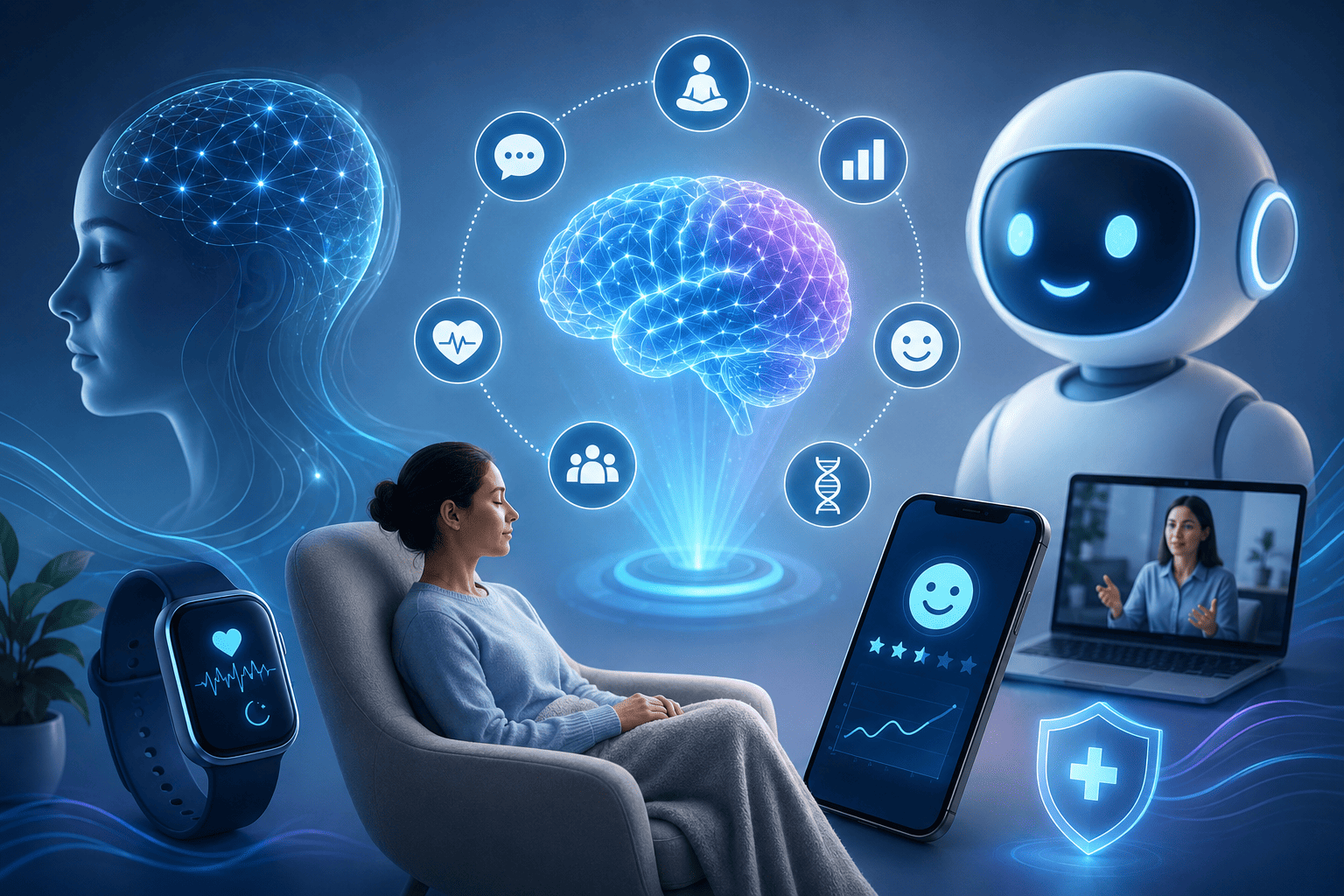AI-powered behavioral health care illustration featuring teletherapy, mood tracking, wearable health technology, virtual mental health support, and a holographic brain
