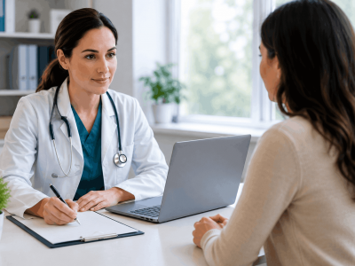 Healthcare provider using a HIPAA compliant AI scribe integrated with an electronic health record system