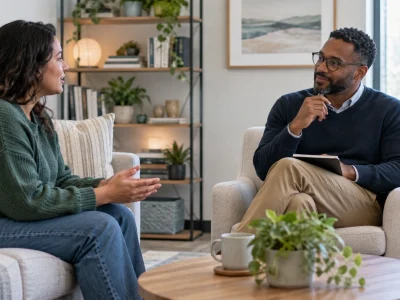 Behavioral health clinician meeting with an adult patient