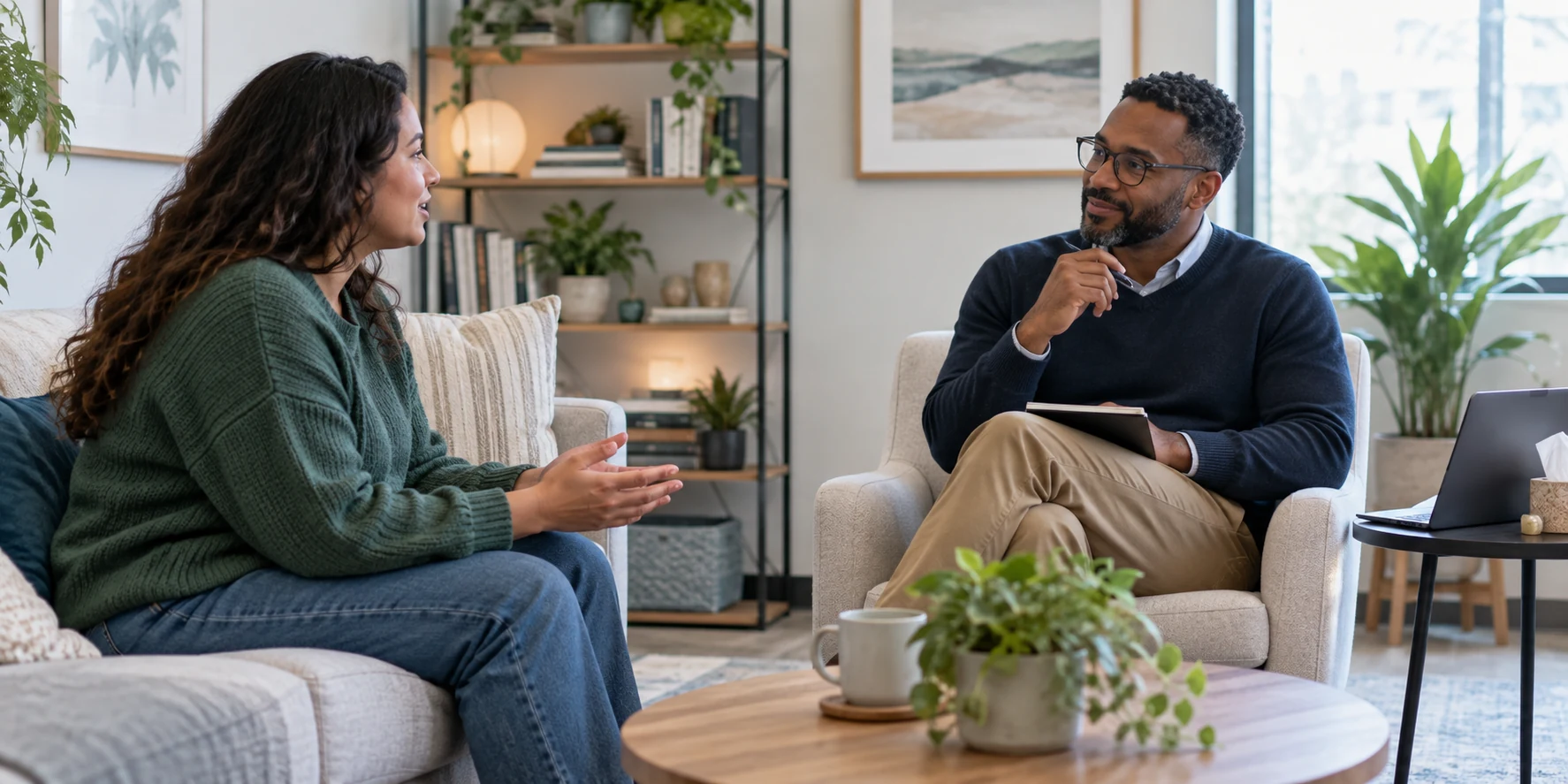 Behavioral health clinician meeting with an adult patient