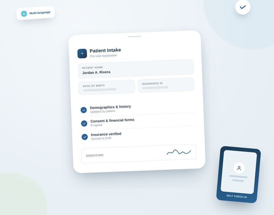 Patient Intake Software and Kiosk Check-In Illustration Patient intake software form and self check-in kiosk illustration