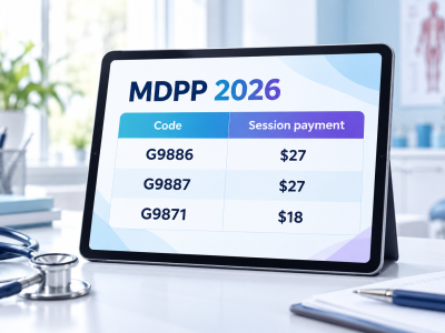 MDPP 2026 billing code table showing G9886, G9887 and G9871 session payments