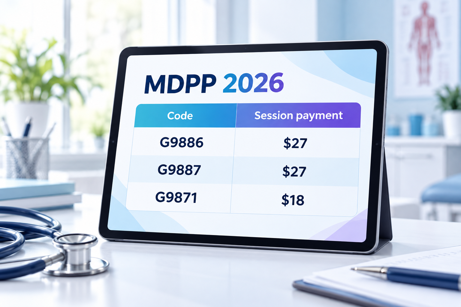 MDPP 2026 billing code table showing G9886, G9887 and G9871 session payments